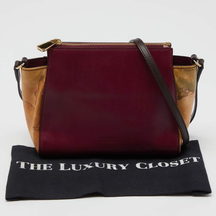 Pre Owned Alviero Martini 1A Classe Burgundy/Tan Geo Print Coated Canvas and Leather Crossbody Bag