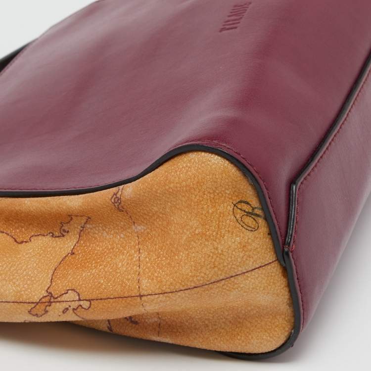 Pre Owned Alviero Martini 1A Classe Burgundy/Tan Geo Print Coated Canvas and Leather Crossbody Bag