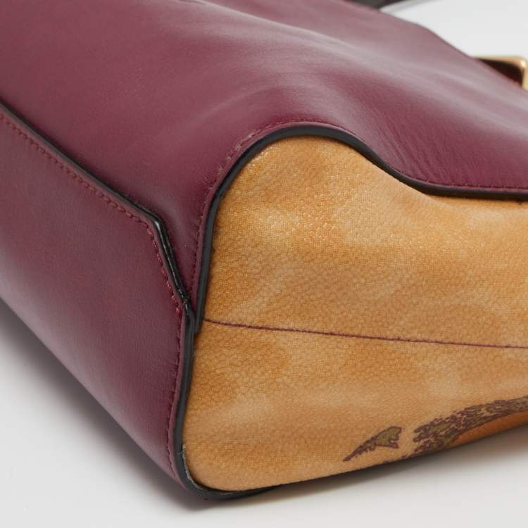 Pre Owned Alviero Martini 1A Classe Burgundy/Tan Geo Print Coated Canvas and Leather Crossbody Bag