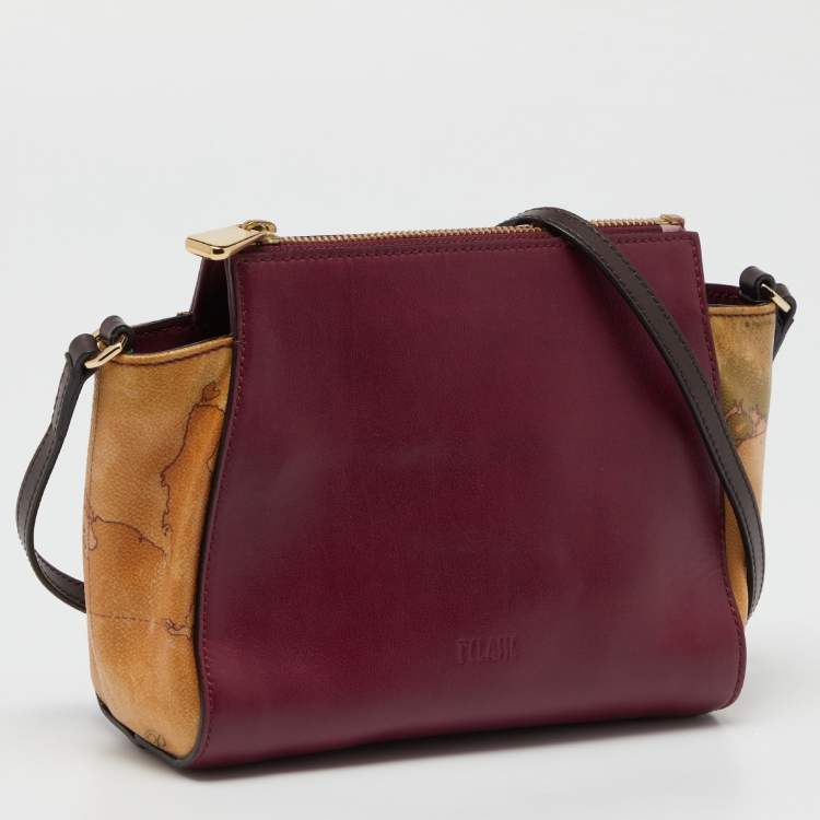 Pre Owned Alviero Martini 1A Classe Burgundy/Tan Geo Print Coated Canvas and Leather Crossbody Bag