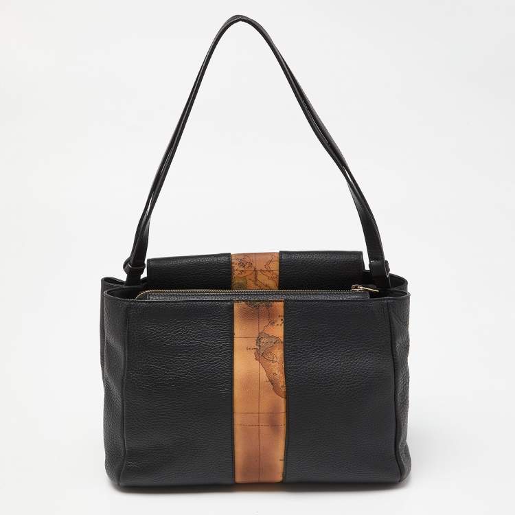 Pre Owned Alviero Martini 1A Classe Black/Tan Geo Print Coated Canvas and Leather Shoulder Bag