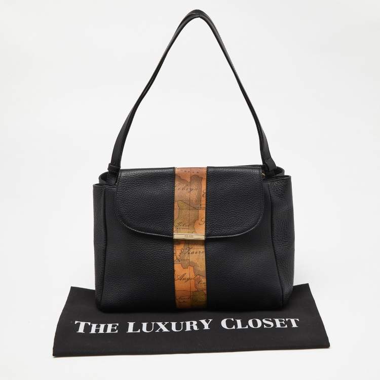 Pre Owned Alviero Martini 1A Classe Black/Tan Geo Print Coated Canvas and Leather Shoulder Bag