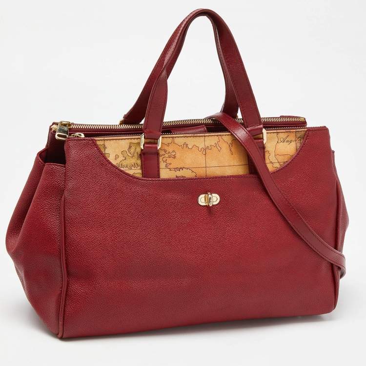 Pre Owned Alviero Martini 1A Classe Red/Beige Geo Print Coated Canvas and Leather Tote