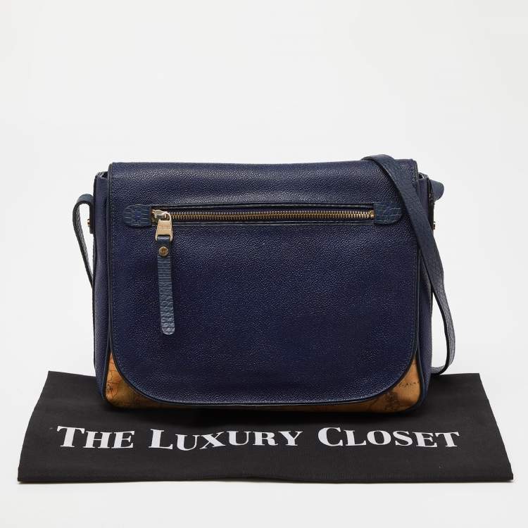 Pre Owned Alviero Martini 1A Classe Tan/Blue Geo Print Coated Canvas and Leather Crossbody Bag