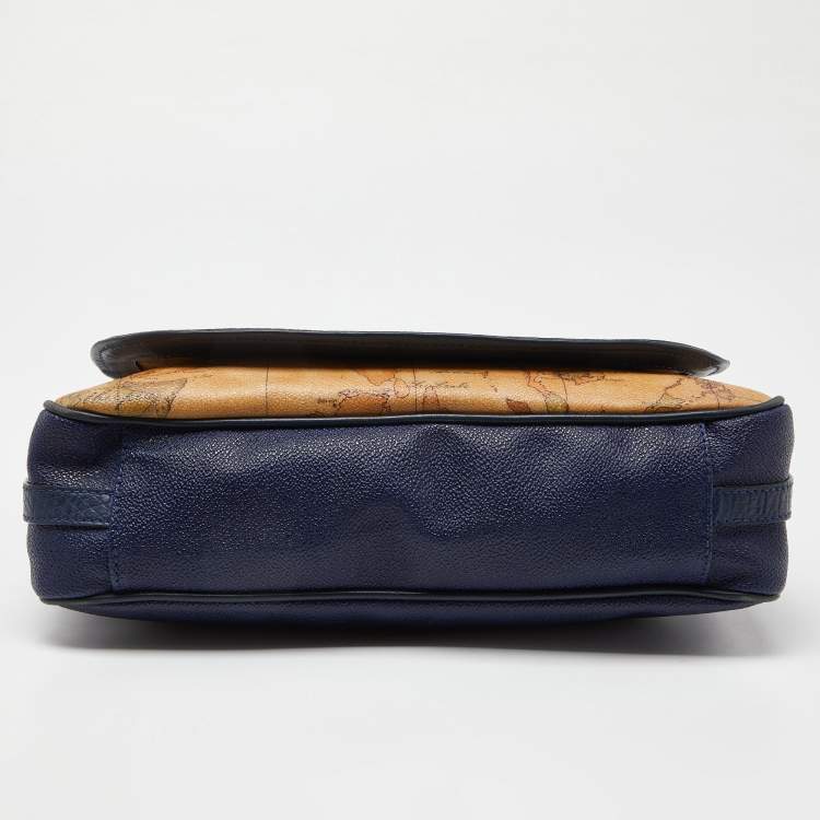 Pre Owned Alviero Martini 1A Classe Tan/Blue Geo Print Coated Canvas and Leather Crossbody Bag