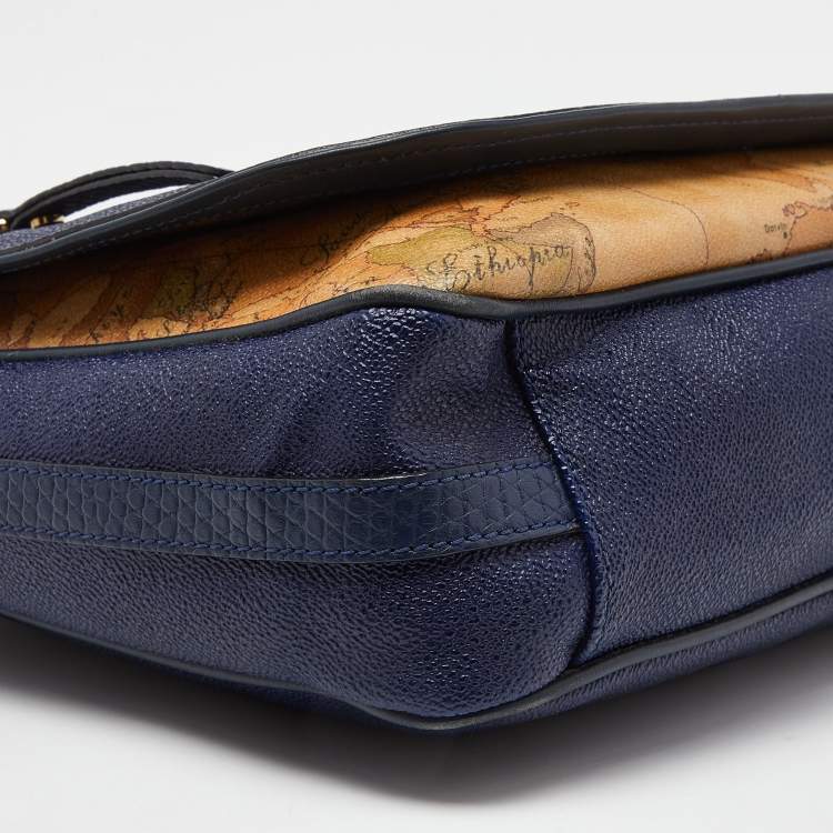 Pre Owned Alviero Martini 1A Classe Tan/Blue Geo Print Coated Canvas and Leather Crossbody Bag