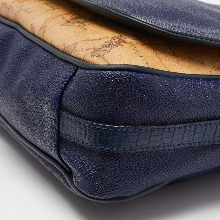 Pre Owned Alviero Martini 1A Classe Tan/Blue Geo Print Coated Canvas and Leather Crossbody Bag