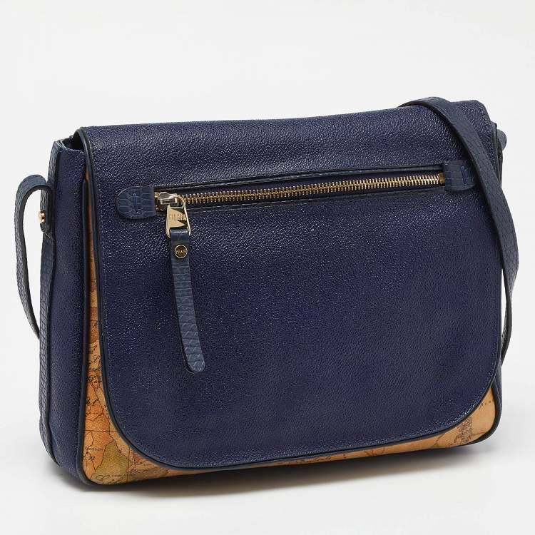 Pre Owned Alviero Martini 1A Classe Tan/Blue Geo Print Coated Canvas and Leather Crossbody Bag