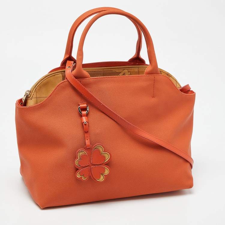 Pre Owned Alviero Martini 1A Classe Orange/Tan Geo Print Coated Canvas Satchel