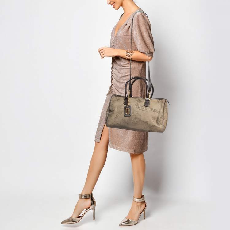 Pre Owned Alviero Martini 1A Classe Grey/Brown Geo Print Coated Canvas and Leather Satchel