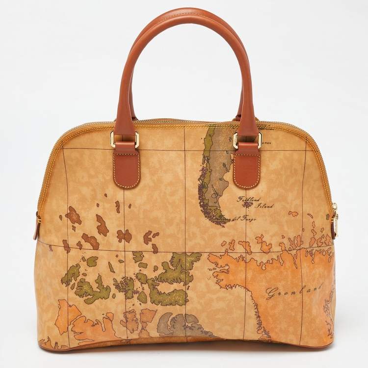 Pre Owned Alviero Martini 1A Classe Brown Geo Print Coated Canvas and Leather Dome Satchel