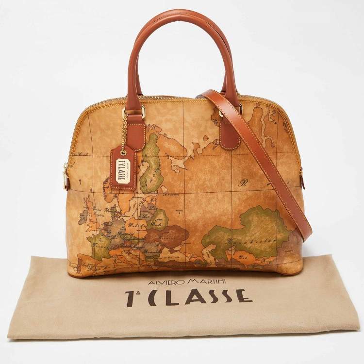 Pre Owned Alviero Martini 1A Classe Brown Geo Print Coated Canvas and Leather Dome Satchel