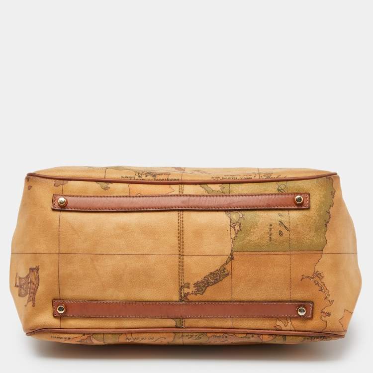 Pre Owned Alviero Martini 1A Classe Beige Geo Print Coated Canvas and Leather Top Handle Bag