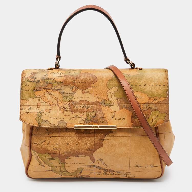 Pre Owned Alviero Martini 1A Classe Beige Geo Print Coated Canvas and Leather Top Handle Bag