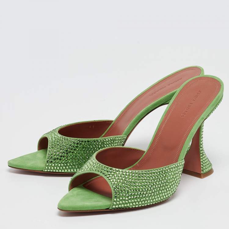 Pre Owned Amina Muaddi Green Suede Crystal Embellished Caroline Slide Sandals Size 41