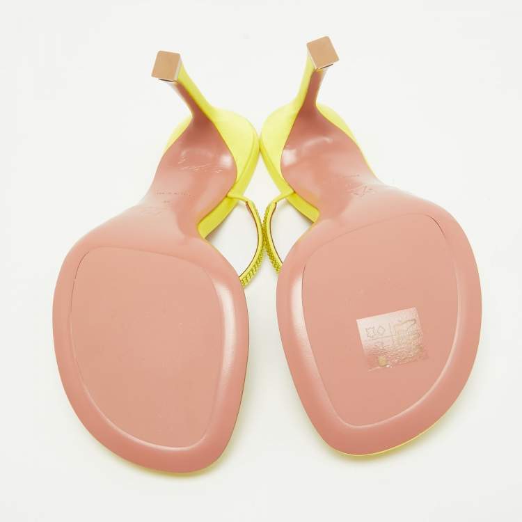 Pre Owned Amina Muaddi Yellow Crystal Embellished Satin Ami 105 Slide Sandals Size 37