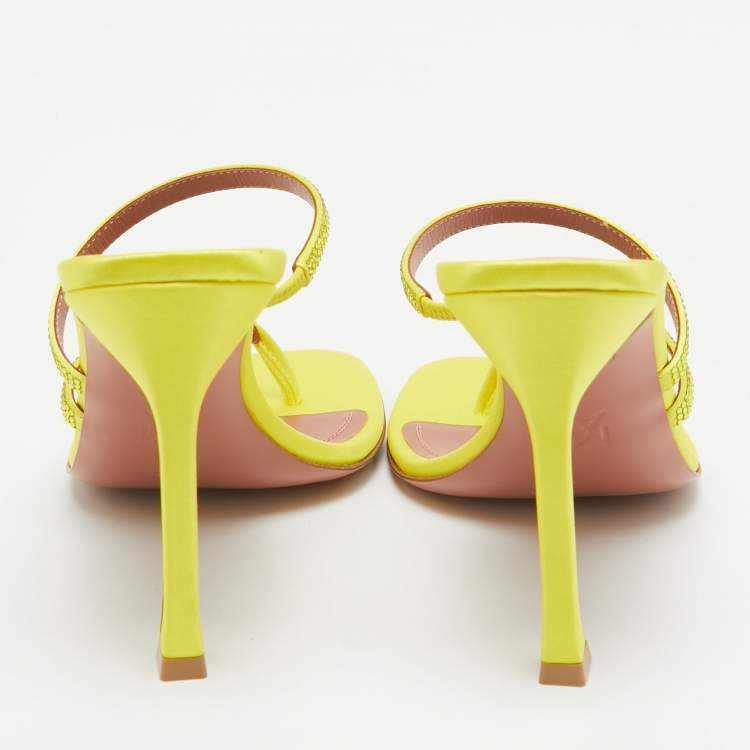 Pre Owned Amina Muaddi Yellow Crystal Embellished Satin Ami 105 Slide Sandals Size 37
