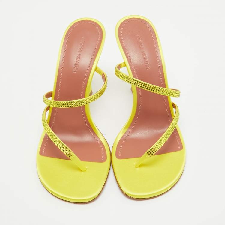Pre Owned Amina Muaddi Yellow Crystal Embellished Satin Ami 105 Slide Sandals Size 37