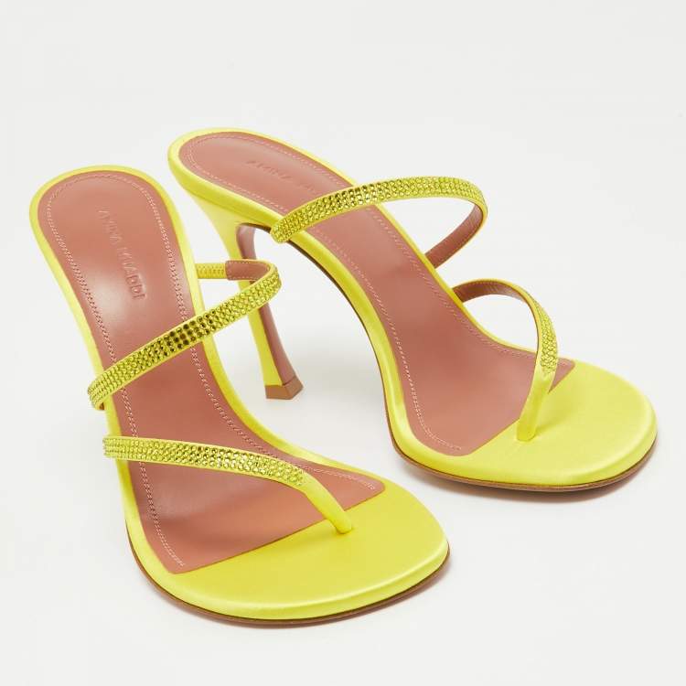 Pre Owned Amina Muaddi Yellow Crystal Embellished Satin Ami 105 Slide Sandals Size 37