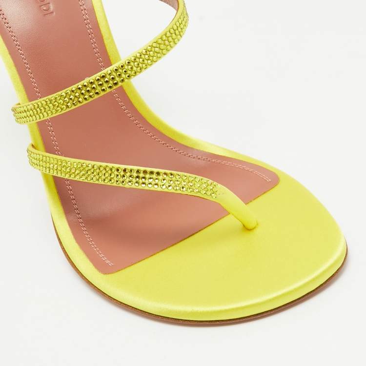 Pre Owned Amina Muaddi Yellow Crystal Embellished Satin Ami 105 Slide Sandals Size 37