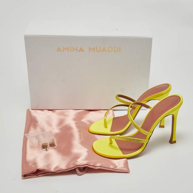 Pre Owned Amina Muaddi Yellow Crystal Embellished Satin Ami 105 Slide Sandals Size 37