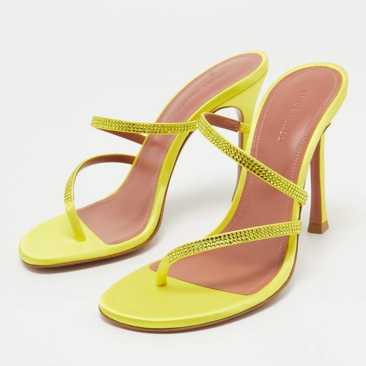 Pre Owned Amina Muaddi Yellow Crystal Embellished Satin Ami 105 Slide Sandals Size 37