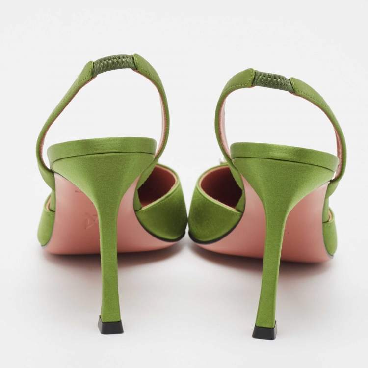 Pre Owned Amina Muaddi Green Satin Camelia Slingback Pumps Size 39