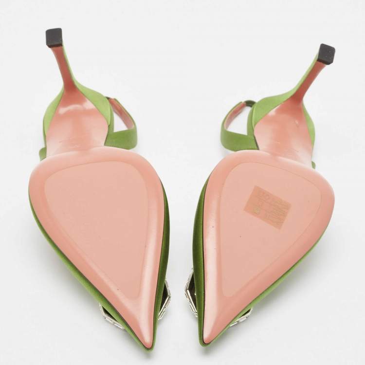 Pre Owned Amina Muaddi Green Satin Camelia Slingback Pumps Size 39
