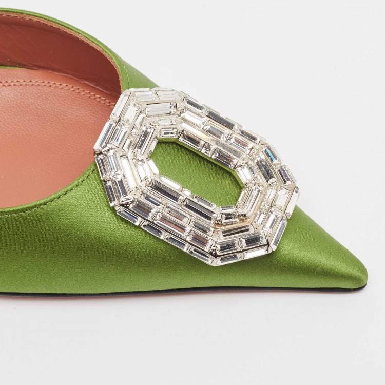 Pre Owned Amina Muaddi Green Satin Camelia Slingback Pumps Size 39