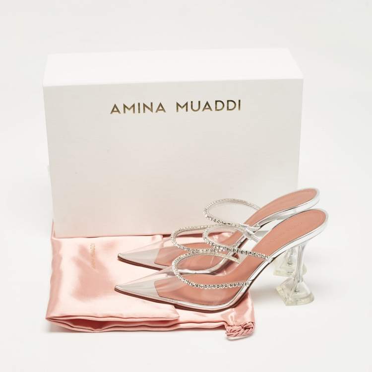 Pre Owned Amina Muaddi Silver PVC Crystal Embellished Mules Size 37.5