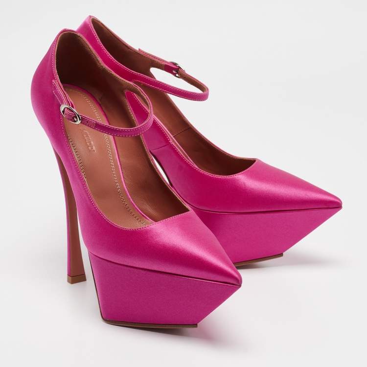 Pre Owned Amina Muaddi Pink Satin Yigit Platform Pumps Size 37.5