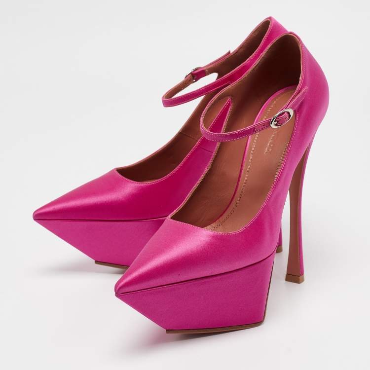 Pre Owned Amina Muaddi Pink Satin Yigit Platform Pumps Size 37.5