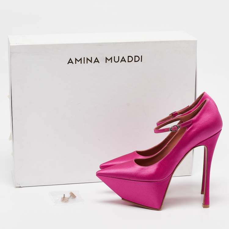 Pre Owned Amina Muaddi Pink Satin Yigit Platform Pumps Size 37.5