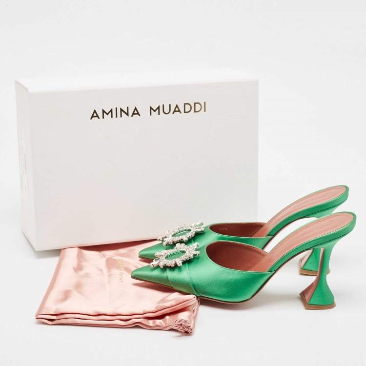 Pre Owned Amina Muaddi Green Satin Crystal Embellished Begum Pointed Toe Mules Size 40.5