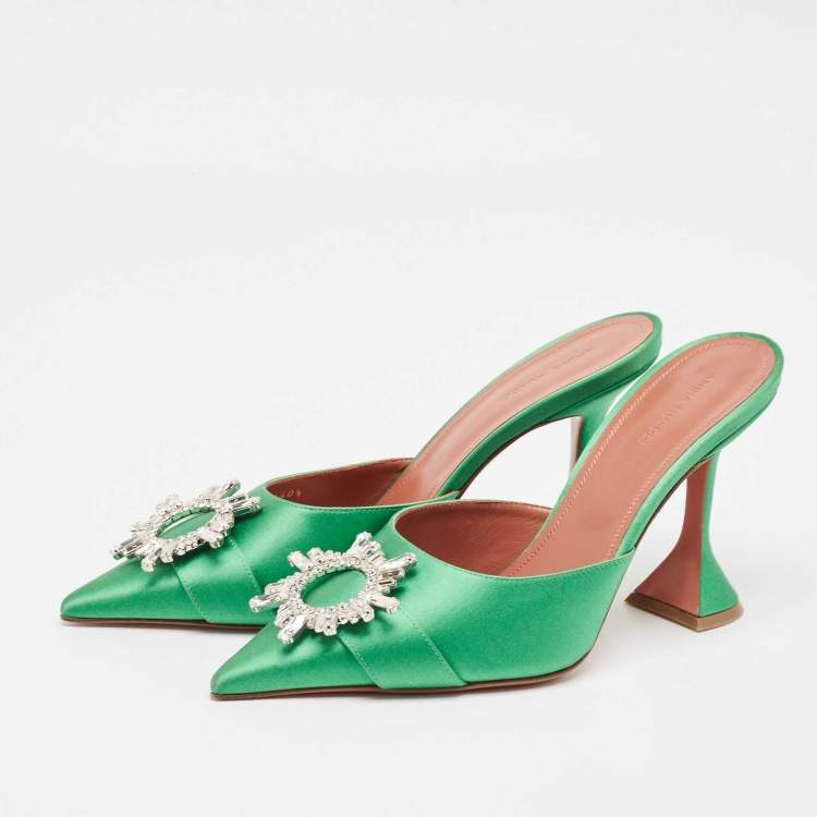 Pre Owned Amina Muaddi Green Satin Crystal Embellished Begum Pointed Toe Mules Size 40.5