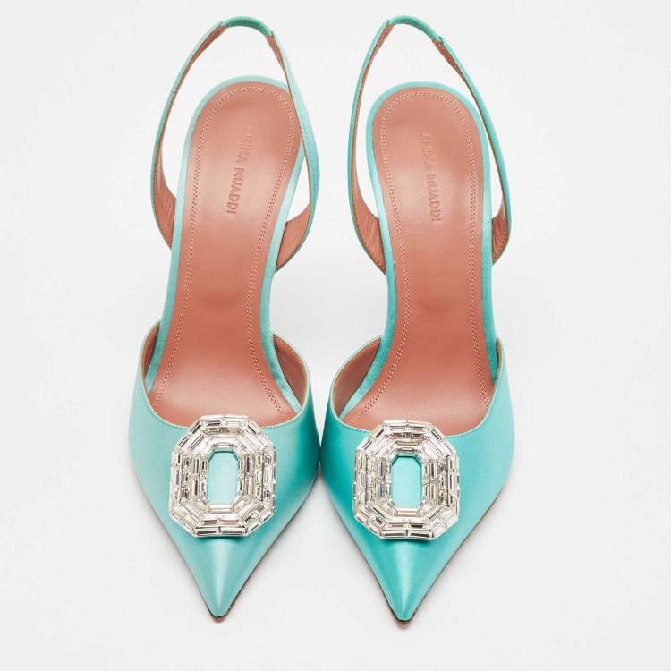 Pre Owned Amina Muaddi Aqua Green Satin Camelia Slingback Pumps Size 41