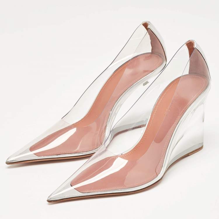 Pre Owned Amina Muaddi Transparent PVC Ane Wedge Pumps Size 36