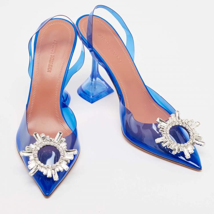 Pre Owned Amina Muaddi Blue PVC Begum Slingback Pumps Size 37