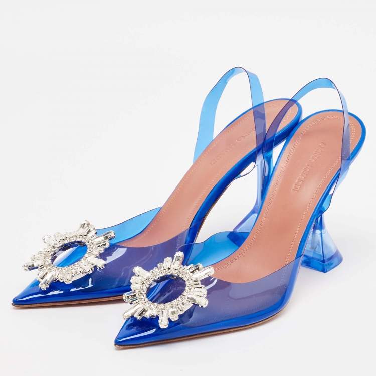 Pre Owned Amina Muaddi Blue PVC Begum Slingback Pumps Size 37