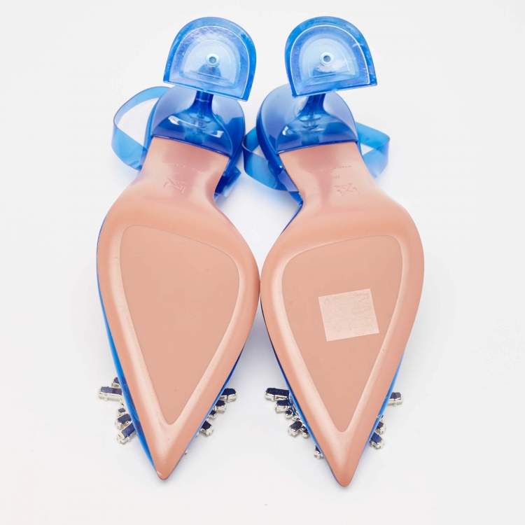 Pre Owned Amina Muaddi Blue PVC Begum Slingback Pumps Size 37