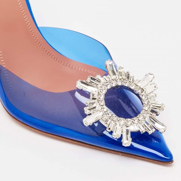 Pre Owned Amina Muaddi Blue PVC Begum Slingback Pumps Size 37