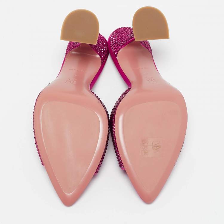 Pre Owned Amina Muaddi Pink Satin Crystal Embellished Caroline Slide Sandals Size 39
