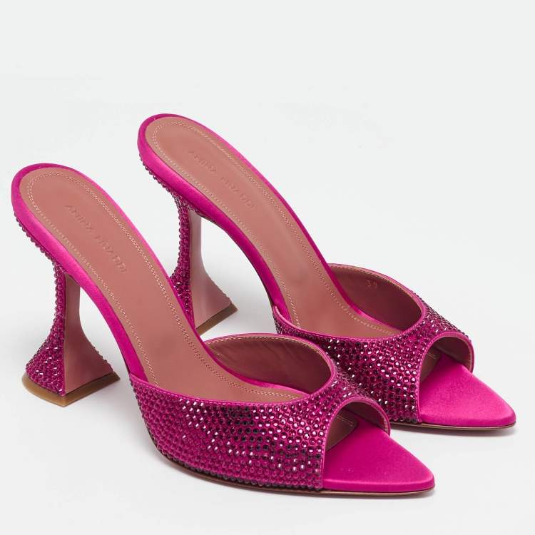 Pre Owned Amina Muaddi Pink Satin Crystal Embellished Caroline Slide Sandals Size 39