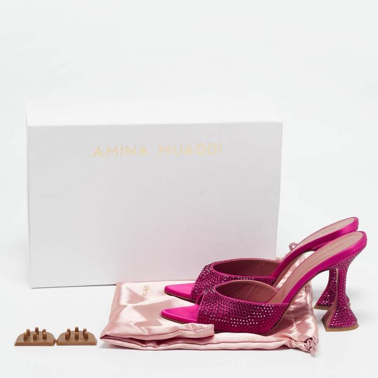 Pre Owned Amina Muaddi Pink Satin Crystal Embellished Caroline Slide Sandals Size 39