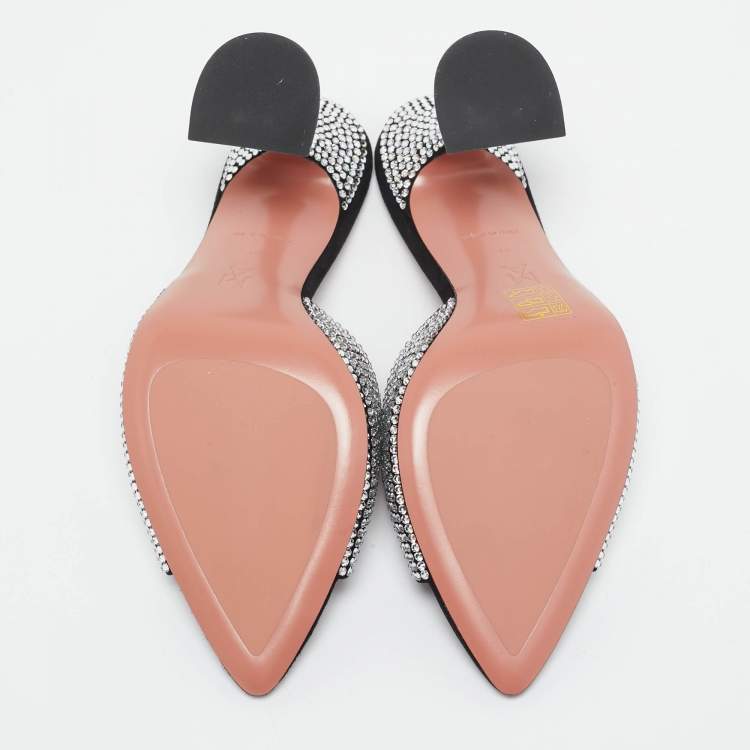 Pre Owned Amina Muaddi Black Suede Crystal Embellished Caroline Slide Sandals Size 39