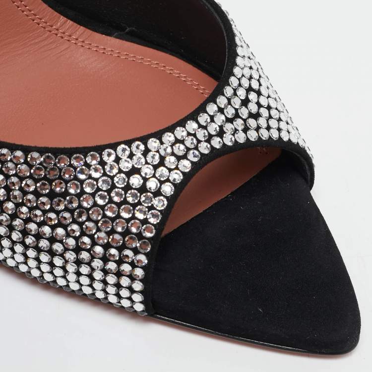 Pre Owned Amina Muaddi Black Suede Crystal Embellished Caroline Slide Sandals Size 39