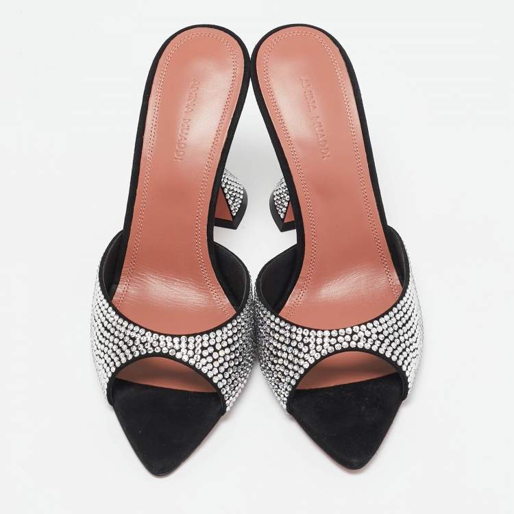 Pre Owned Amina Muaddi Black Suede Crystal Embellished Caroline Slide Sandals Size 39