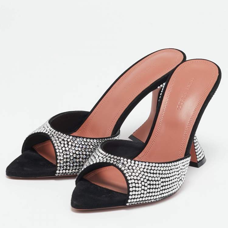 Pre Owned Amina Muaddi Black Suede Crystal Embellished Caroline Slide Sandals Size 39