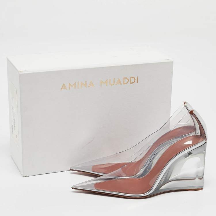 Pre Owned Amina Muaddi Transparent PVC Ane Wedge Pumps Size 37