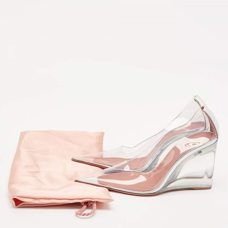 Pre Owned Amina Muaddi Transparent PVC Pointed Toe Ane Wedge Pumps Size 36